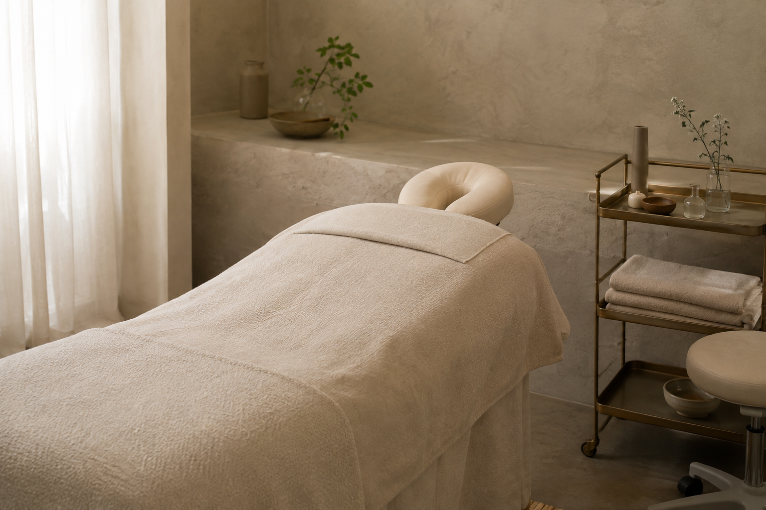Cabina privada con camilla preparada para un tratamiento facial