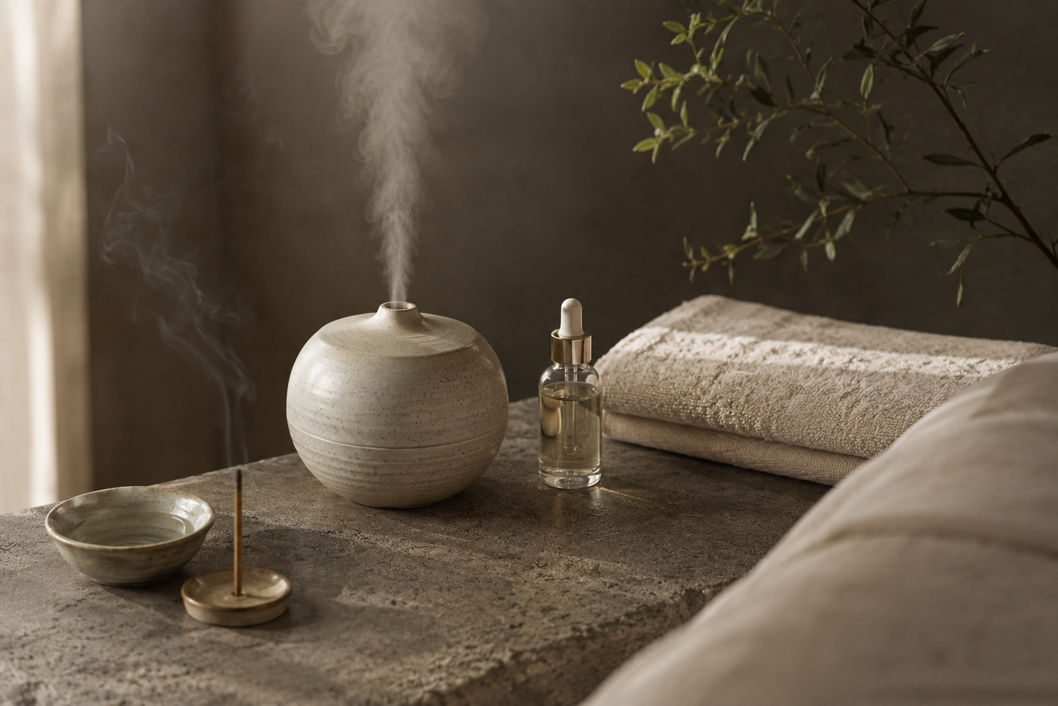 Difusor aromático, incienso y toallas de spa