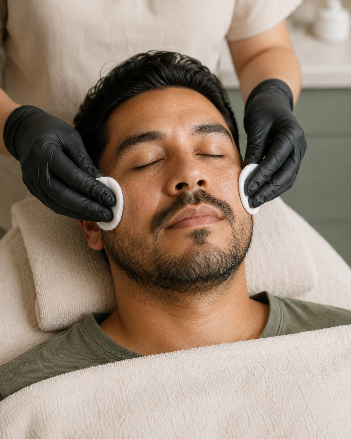 Limpieza facial realizada a un hombre en cabina